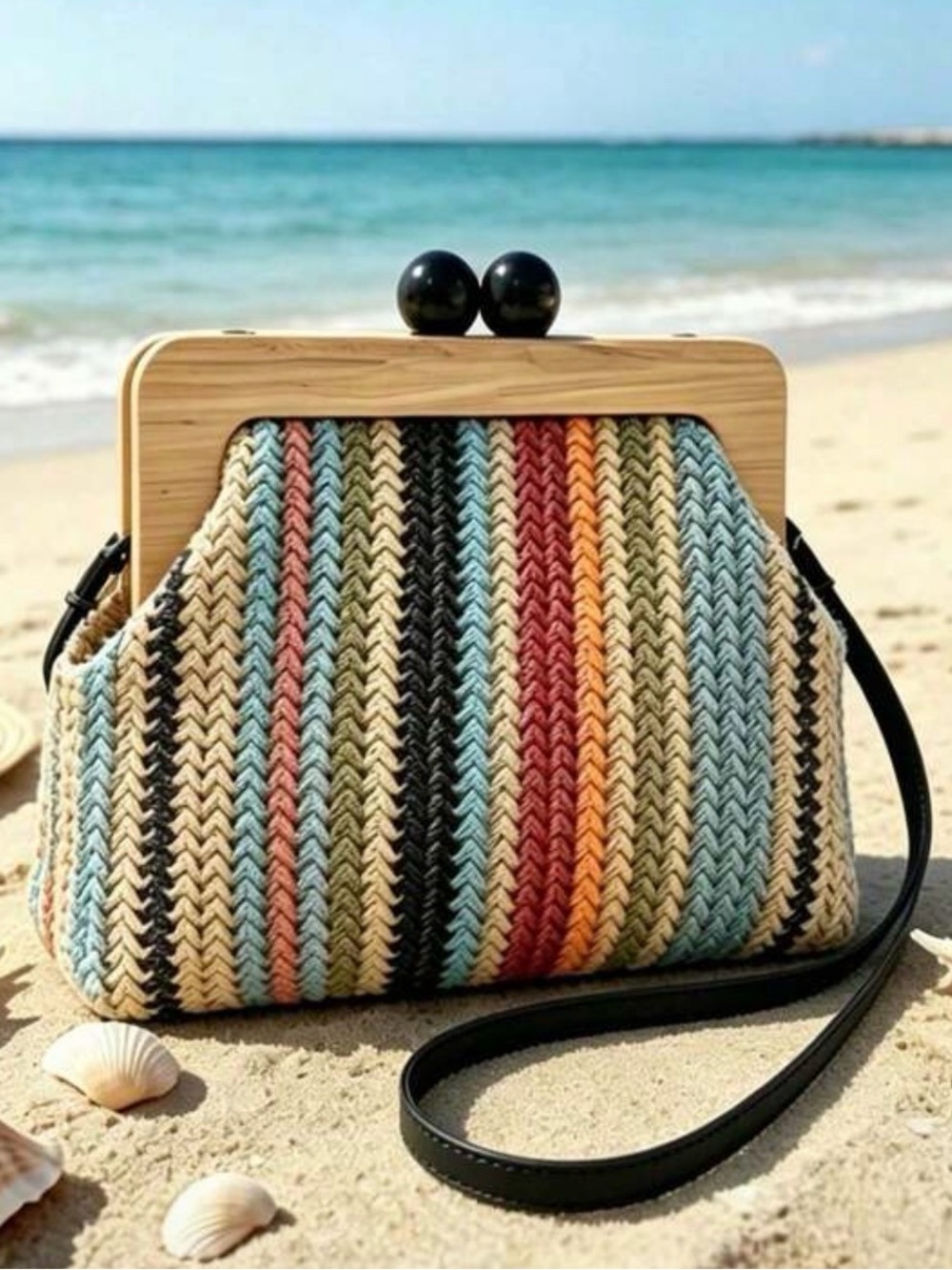Striped crossbody bag shoulder purse wood clutch Multicolor rattan retro straw